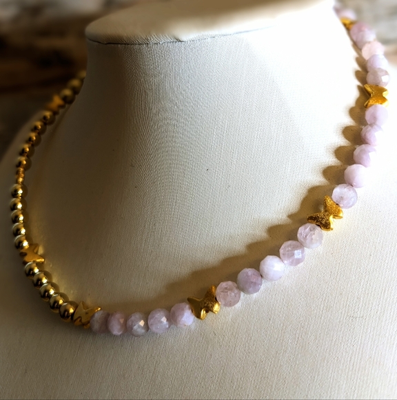 Natural Pink Kunzite  In Half And Half Design Beaded Necklace Choker - Picture 2 of 10